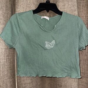 ROMWE Green Ribbed Tee with Butterfly Embroidery